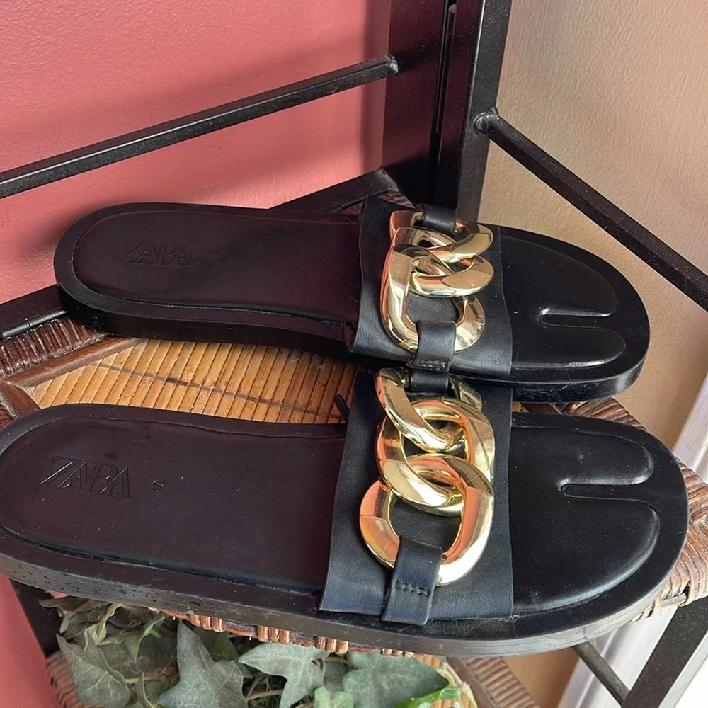 Zara Black Sandals with Gold Chain Detail 40 - Picture 2 of 3